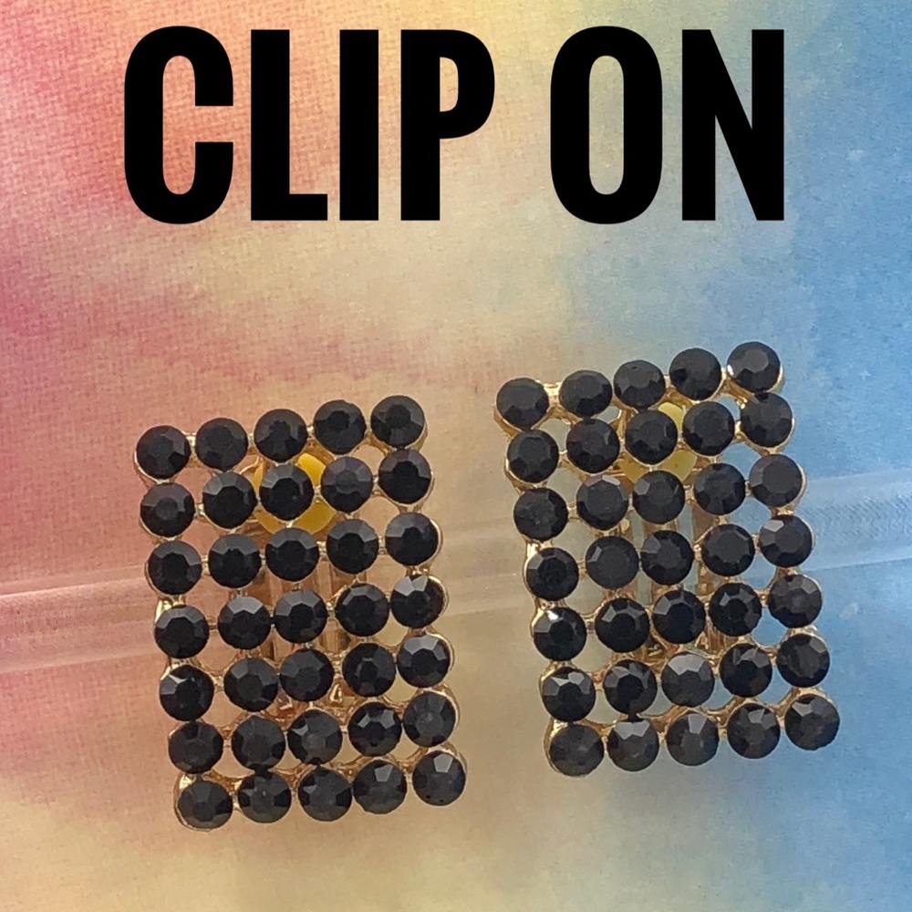 Black Rhinestone Fancy Clip On Earrings